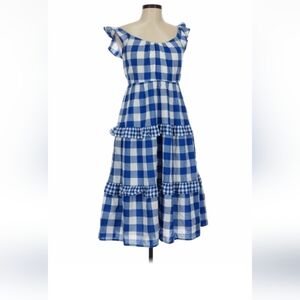 J.Crew Blue Gingham Tiered Midi Dress M $70 Retail